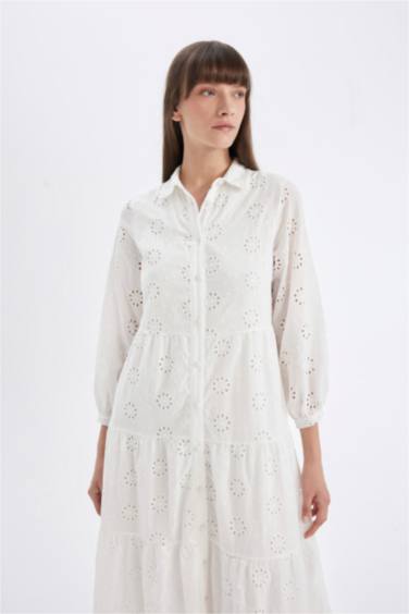 Shirt Collar Half Sleeve Maxi White Dress