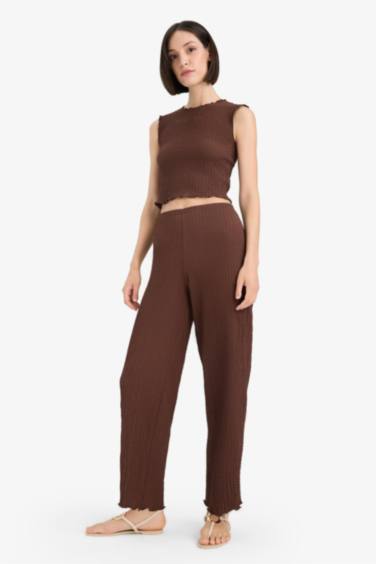 Regular Fit Beli Lastikli Basic Düz Bürümcük Pantolon