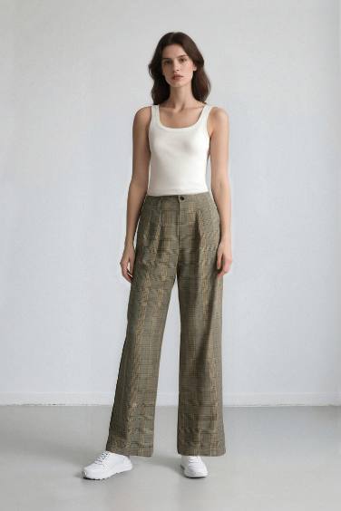 Wide Leg Checkered High Waist Standard Length Trousers