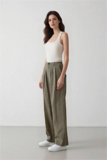 Wide Leg Checkered High Waist Standard Length Trousers