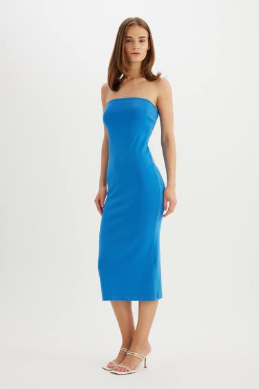 Bodycon Strapless Ribbed Sleeveless Midi Dress