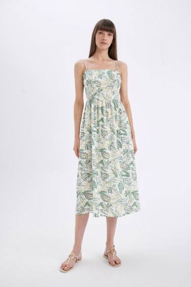 Square Neck Patterned Cotton Strap Midi Dress