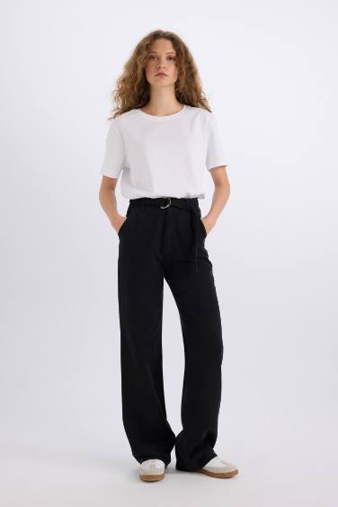 Wide Leg High Waist Basic Belted Modal Black Trousers