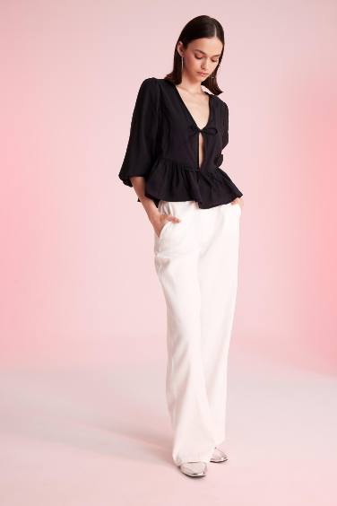 Wide Leg Double Pocket High Waist Basic White Trousers