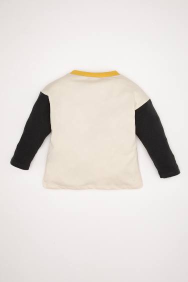 Erkek Bebek Bisiklet Yaka Baskılı Renk Bloklu Uzun Kollu Tişört