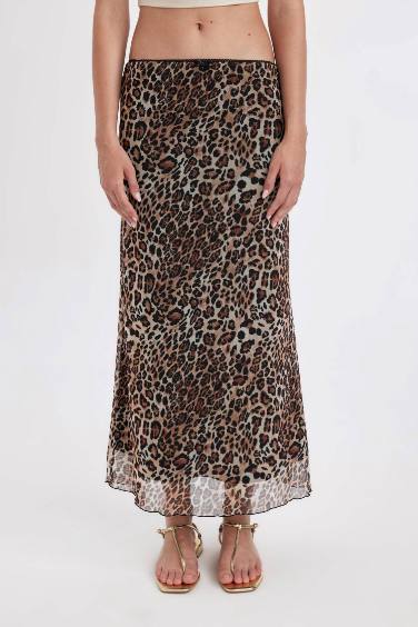 A-line Leopard Print High Waist Cotton Lined Tulle Maxi Skirt