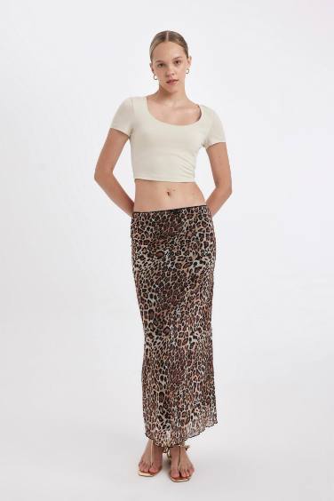 A-line Leopard Print High Waist Cotton Lined Tulle Maxi Skirt