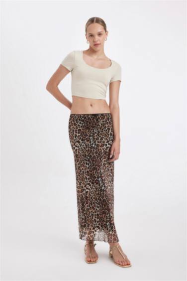 A-line Leopard Print High Waist Cotton Lined Tulle Maxi Skirt