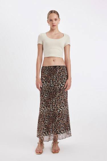 A-line Leopard Print High Waist Cotton Lined Tulle Maxi Skirt