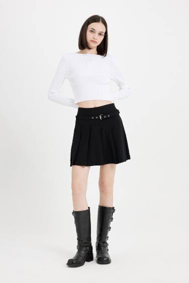 Yüksek Bel Basic Düz Kemerli Pileli Siyah Mini Etek