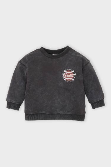 Baby Boy Crew Neck Printed Washed Faded Effect Sweatshirt