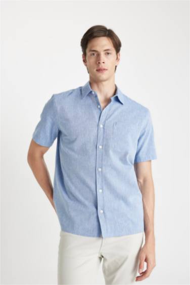 قميص بولو كتان ازرق نص كم قصة عادية