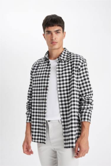 поло жаға чек фланель Ұзын жеңді көйлек