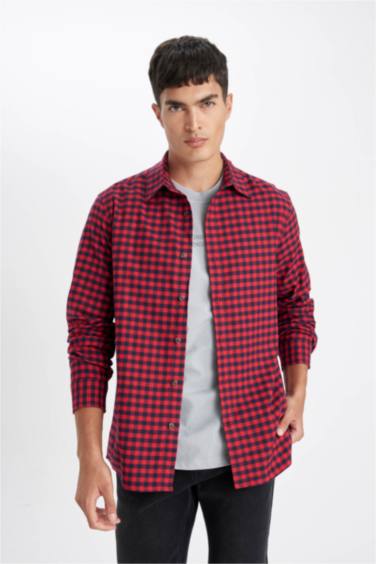 поло жаға чек фланель Ұзын жеңді көйлек