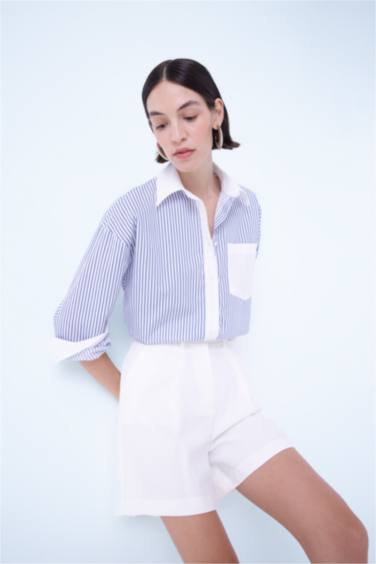 Oversize Fit Striped Pocket Buttoned Poplin Shirt