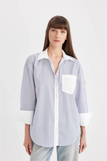 Oversize Fit Striped Pocket Buttoned Poplin Shirt
