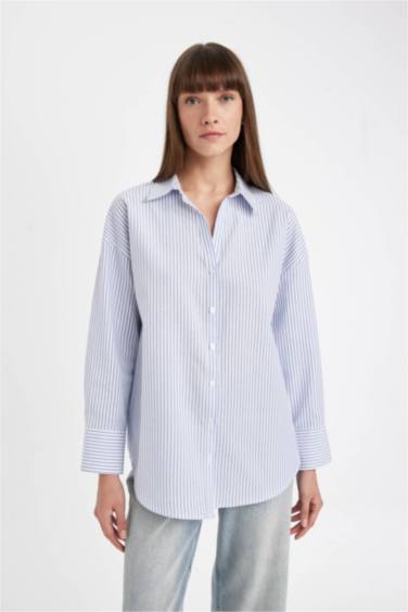 Oversize Geniş Kalıp Çizgili Oxford Uzun Kollu Gömlek