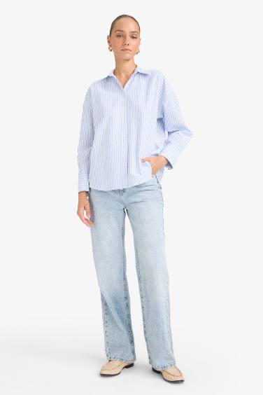 Oversize Geniş Kalıp Çizgili Oxford Uzun Kollu Gömlek