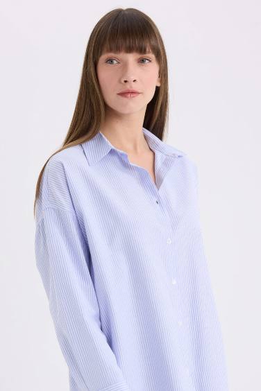 Oversize Fit Shirt Collar Oxford Striped Long Sleeve Shirt