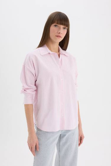 Oversize Fit Shirt Collar Oxford Striped Long Sleeve Shirt