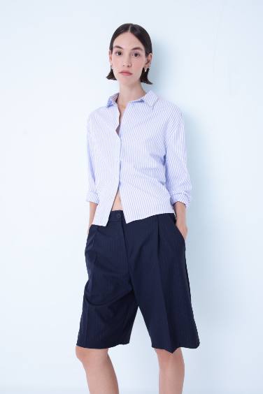 Oversize Geniş Kalıp Çizgili Düğmeli Oxford Uzun Kollu Gömlek