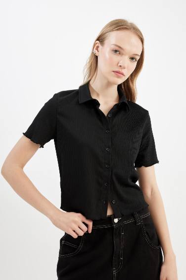 Chemise Slim à Manches Courtes Plissées