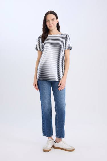 Regular Fit Boat Neck Striped Short Sleeve T-Shirt