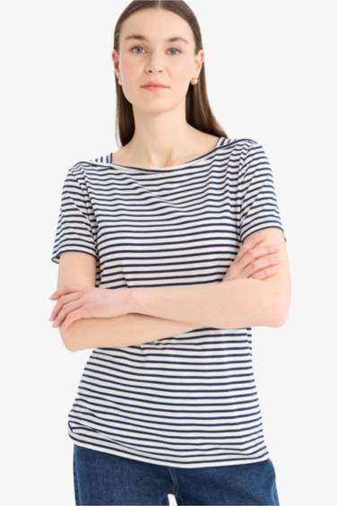 Regular Fit Boat Neck Striped Short Sleeve T-Shirt