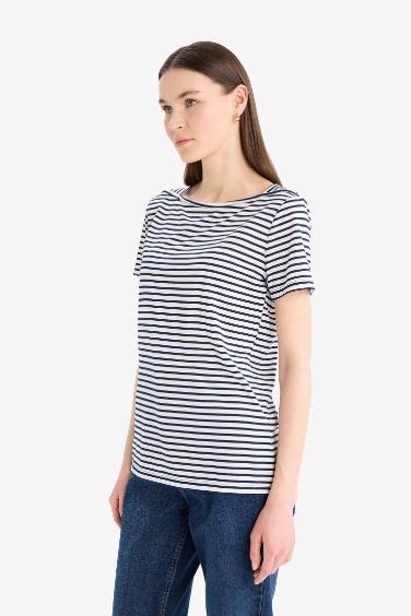Regular Fit Boat Neck Striped Short Sleeve T-Shirt
