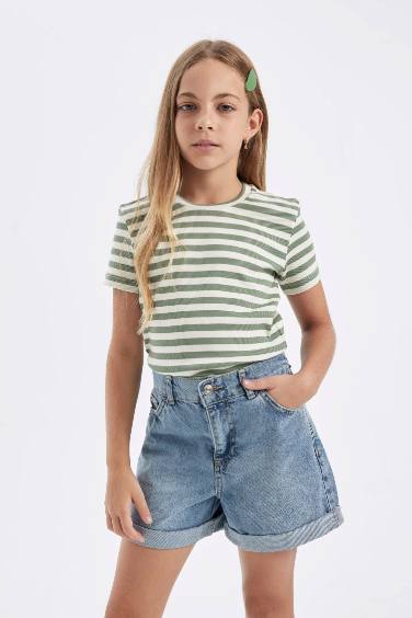 Girl Slim Fit Crew Neck Striped Ribbed Short Sleeve T-Shirt