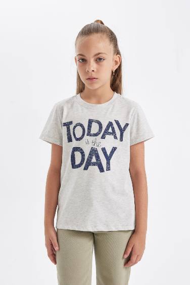 Girl Slim Fit Crew Neck Slogan Printed T-Shirt