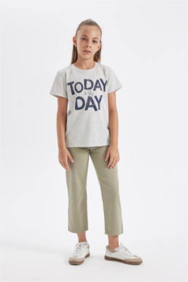 Girl Slim Fit Crew Neck Slogan Printed T-Shirt