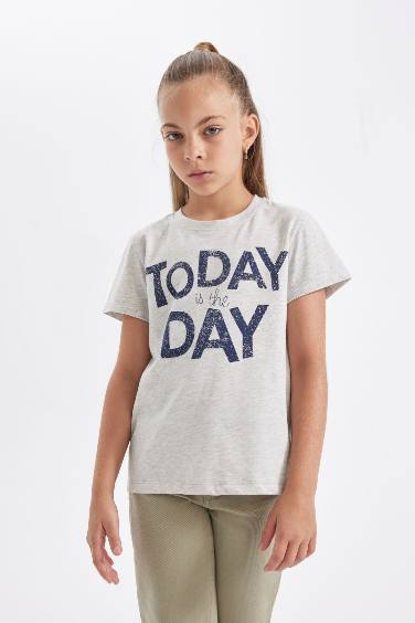 Girl Slim Fit Crew Neck Slogan Printed T-Shirt