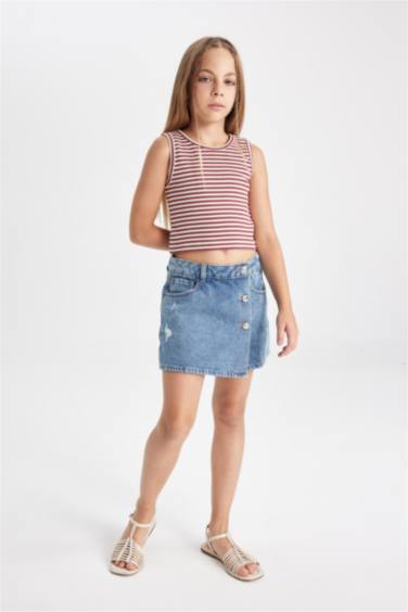 Girl Crew Neck Striped Crop Top