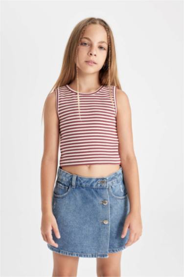 Girl Crew Neck Striped Crop Top