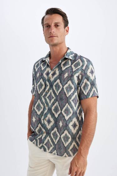 Regular Fit Polo Collar Patterned Short Sleeve Shirt