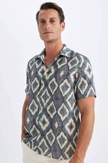 Regular Fit Polo Collar Patterned Short Sleeve Shirt