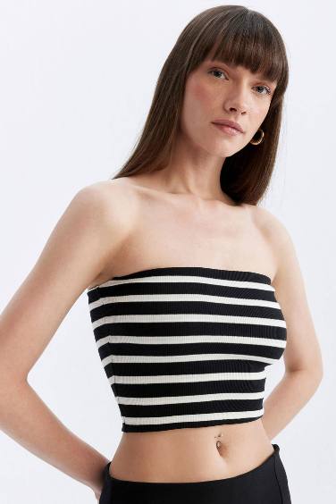 Slim Fit Striped Strapless Ribbed Corset Blouse