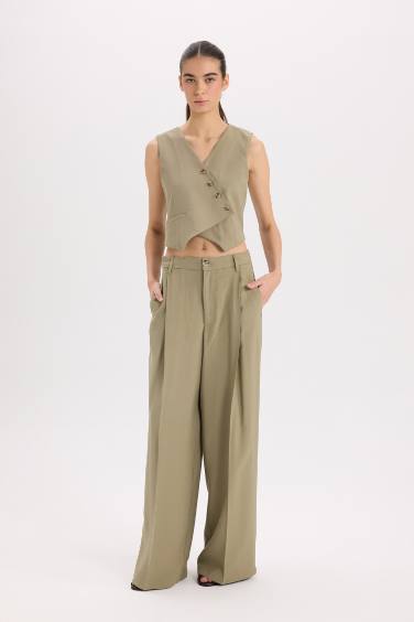 Regular Fit V Yaka Çapraz Düğmeli Tensel Blazer Yelek