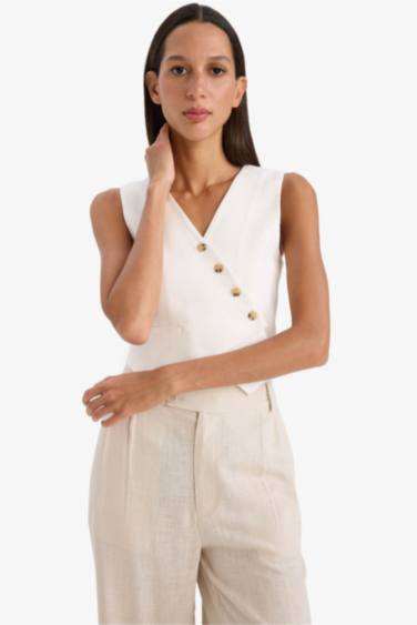 جيلي بليزر ابيض قماش ايوسل قصة عادية برقبة V