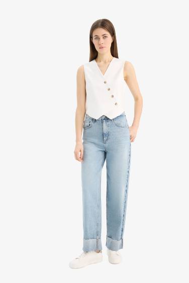 Regular Fit V Yaka Çapraz Düğmeli Tensel Blazer Yelek