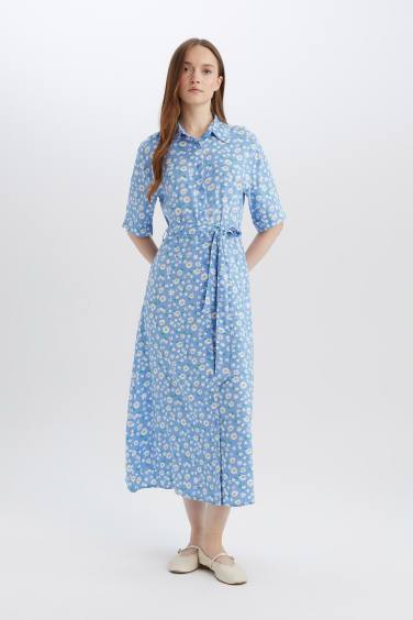 A Cut Shirt Collar Printed Double Sleeves Dress