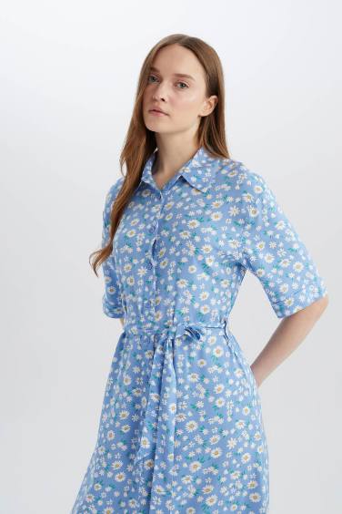A Cut Shirt Collar Printed Double Sleeves Dress