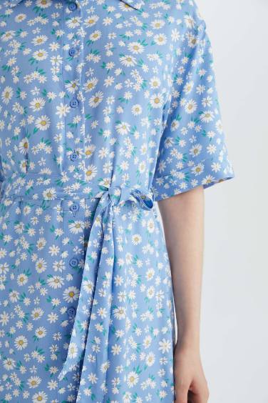 A Cut Shirt Collar Printed Double Sleeves Dress