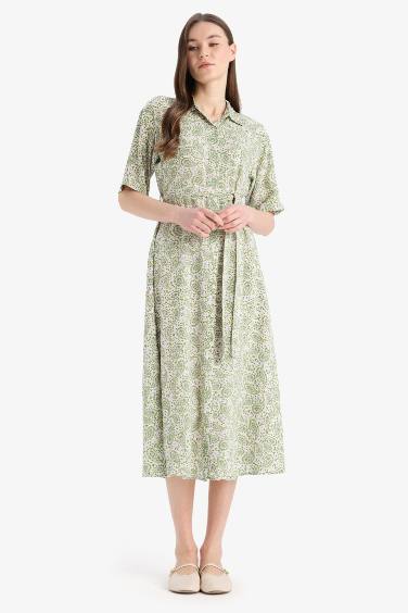 A Cut Shirt Collar Printed Double Sleeves Dress