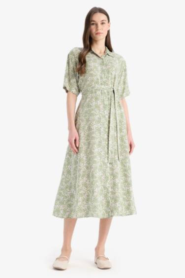 A Cut Shirt Collar Printed Double Sleeves Dress