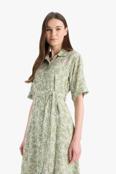 A Cut Shirt Collar Printed Double Sleeves Dress