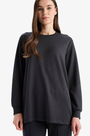 Regular Fit Bisiklet Yaka Basic Düz Sweatshirt Tunik