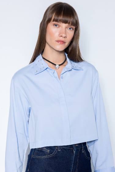 Basic Buttoned Woven Long Sleeve Crop Shirt