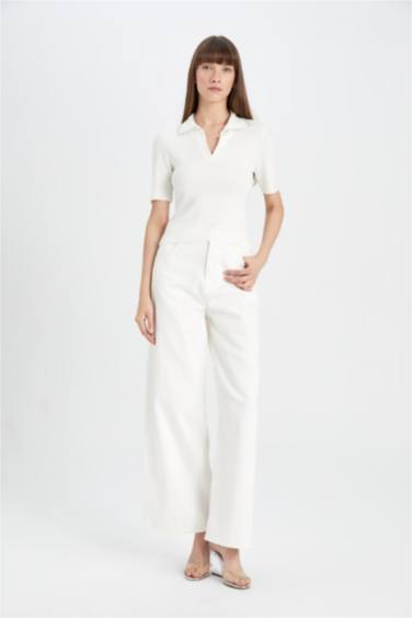 Fitted Polo Yaka Taş İşlemeli Kısa Kollu Triko Kazak